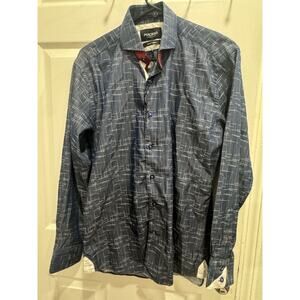 Maceoo Mens Designer Button Down Shirt Small Blue Plaid Pattern Long Sleeve